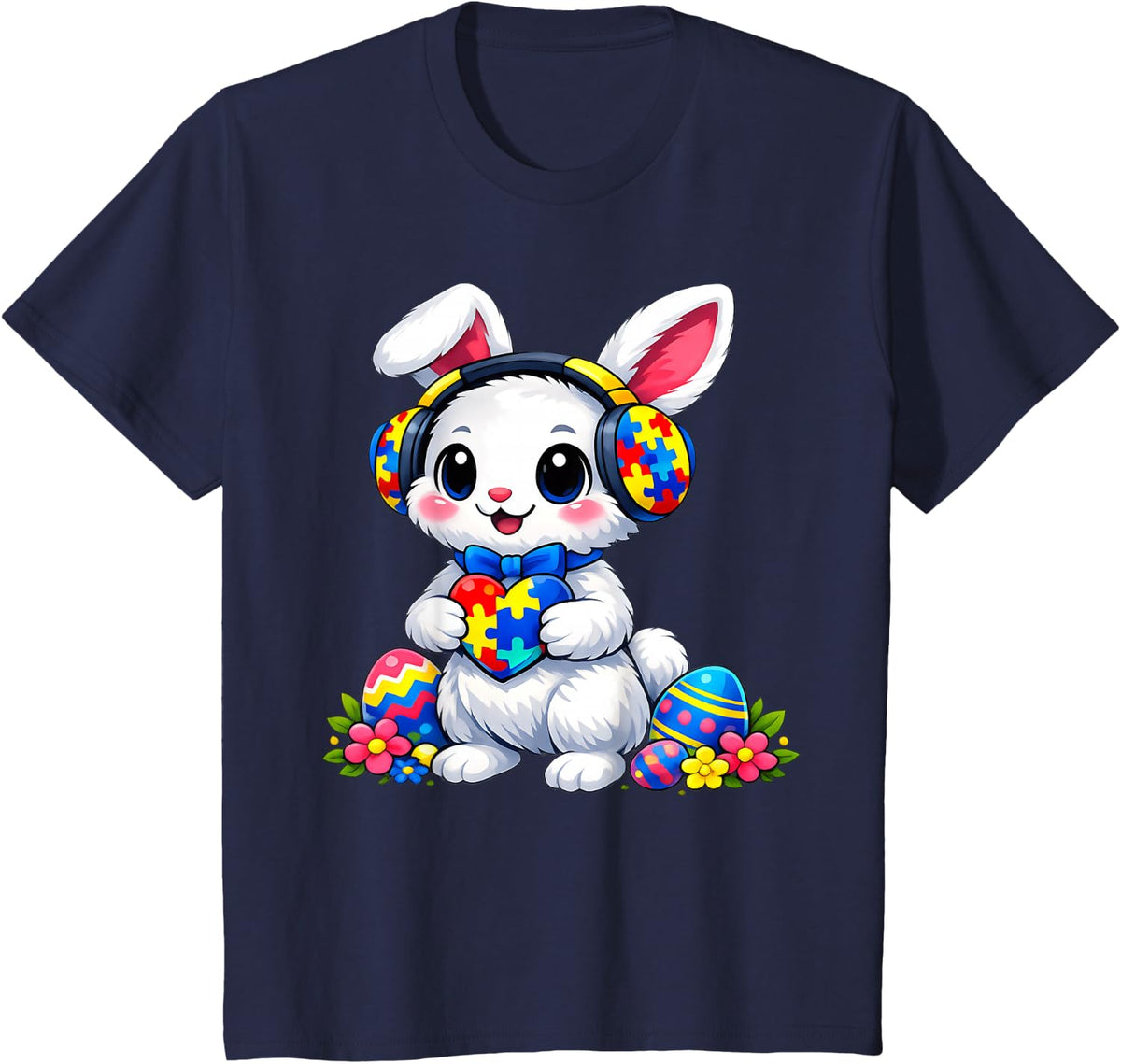 Autism Awareness Easter Bunny Headphones T-Shirt - Navy Blue