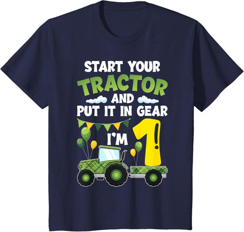 1st Tractor Birthday Party Shirt 1 Year Old Boy Farm Tractors Tee T-Shirt - Navy Blue