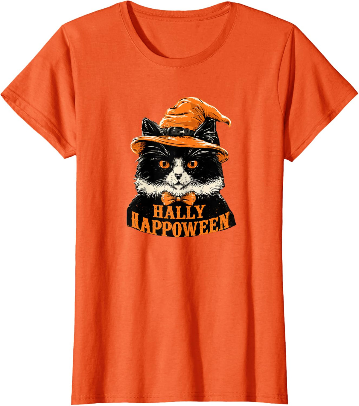 Tuxedo Cat Witch's Hat Hally Happoween Halloween T-Shirt - Orange