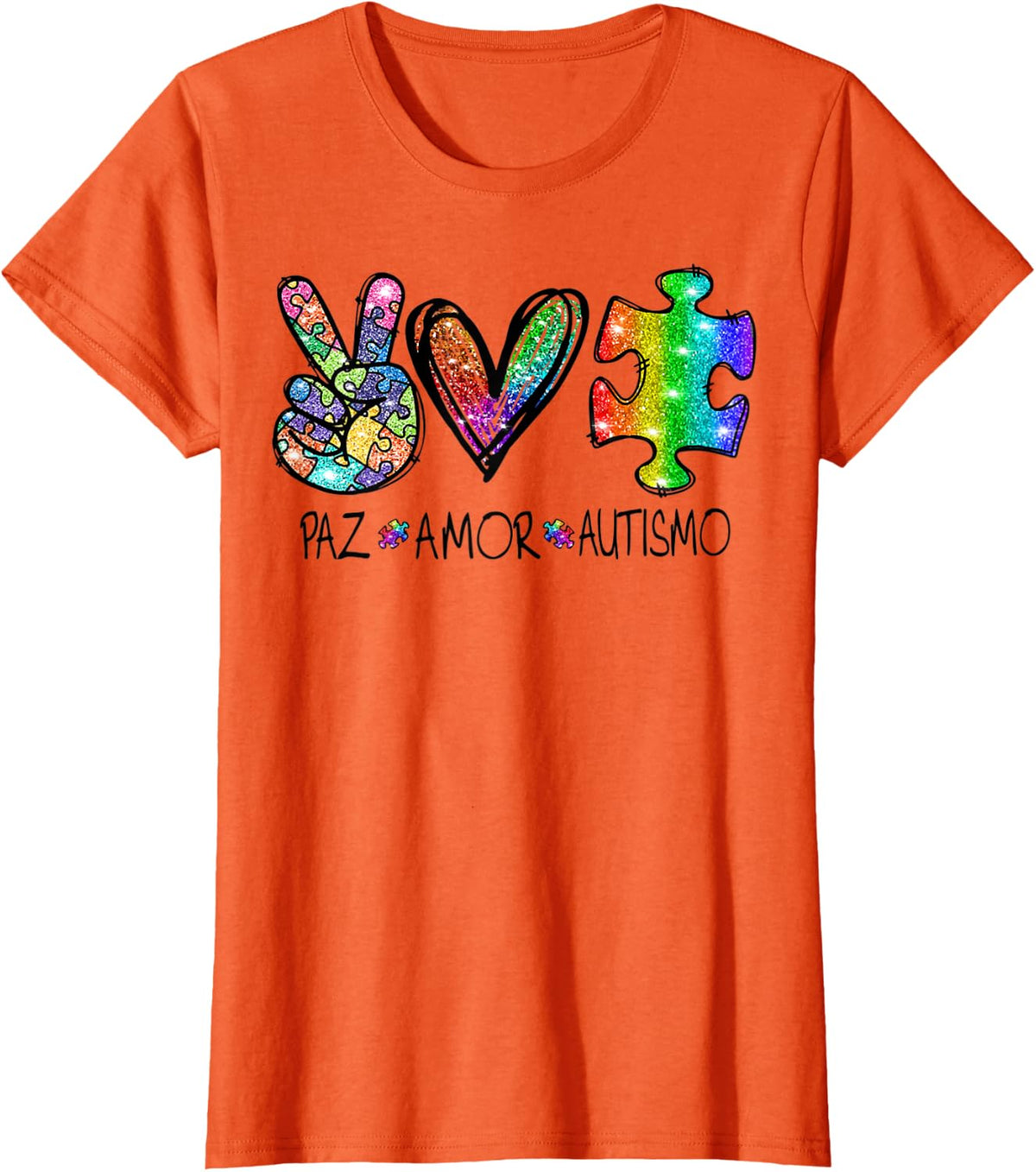 Autism Peace Love Rainbow Glitter Autistic Pride T-Shirt - Orange