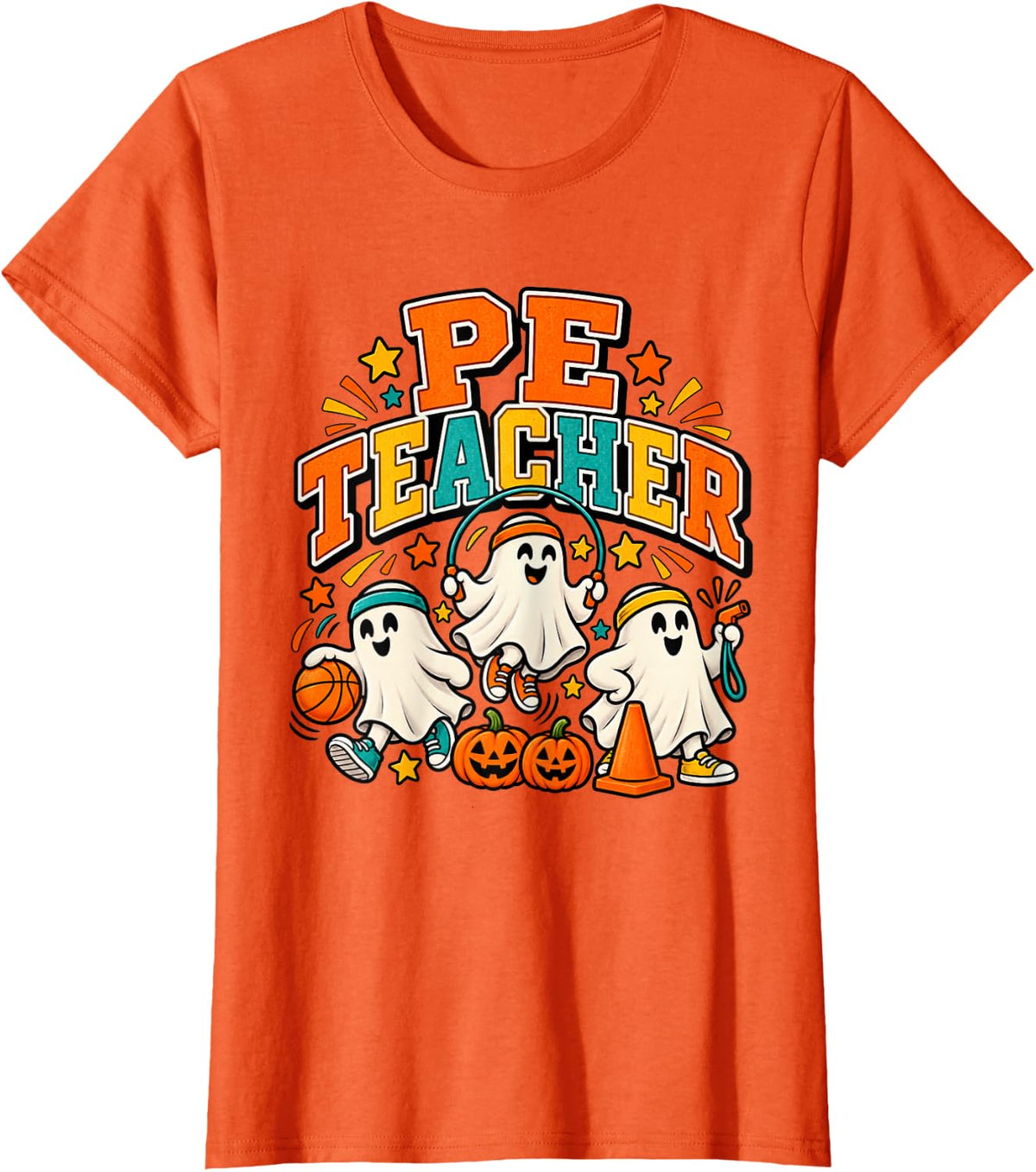 PE Teacher Halloween Ghosts Gym Class Educator Design T-Shirt - Orange