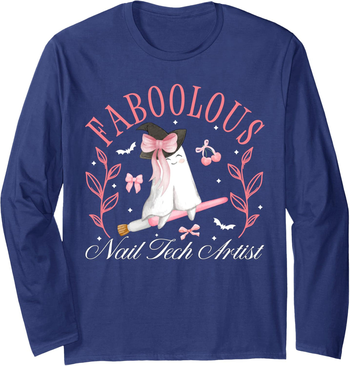 Spooky Nail Tech Artist Cute Ghost Manicurist Halloween Fall Long Sleeve T-Shirt - Adult Unisex Navy Blue