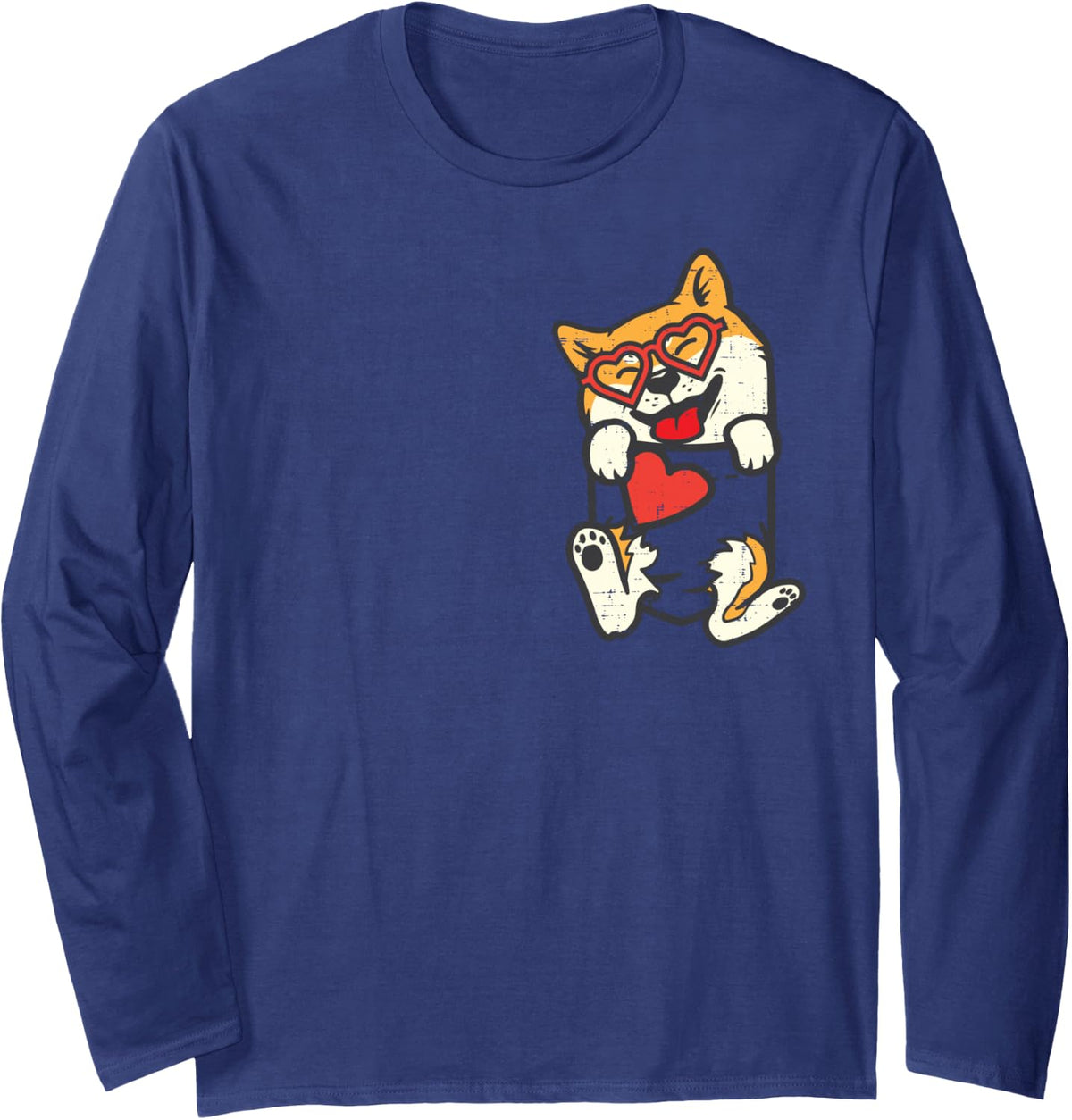 Shiba Inu Feet Pocket Heart Valentines Day Akita Inu Long Sleeve T-Shirt - Adult Unisex Navy Blue