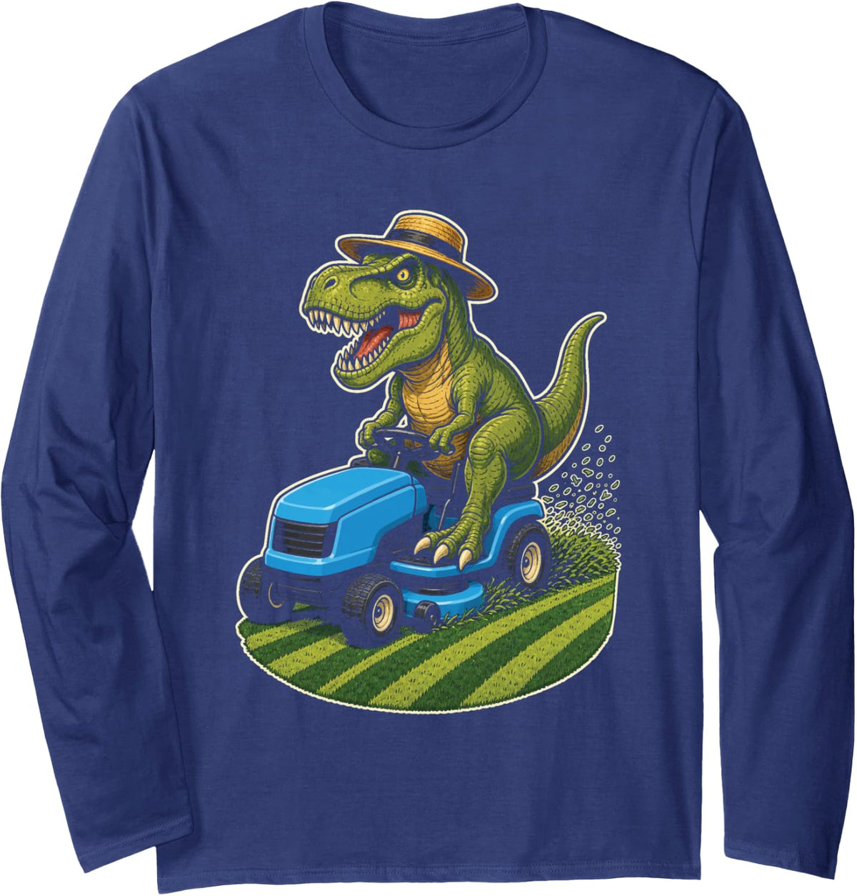Lawn Mower Dinosaur Dad T Rex Mowing Graphic Art Long Sleeve T-Shirt - Adult Unisex Navy Blue