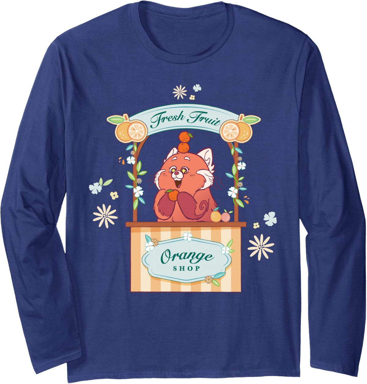 Disney & Pixar's Turning Red Panda Mei Orange Fruit Cute Long Sleeve T-Shirt - Adult Unisex Navy Blue