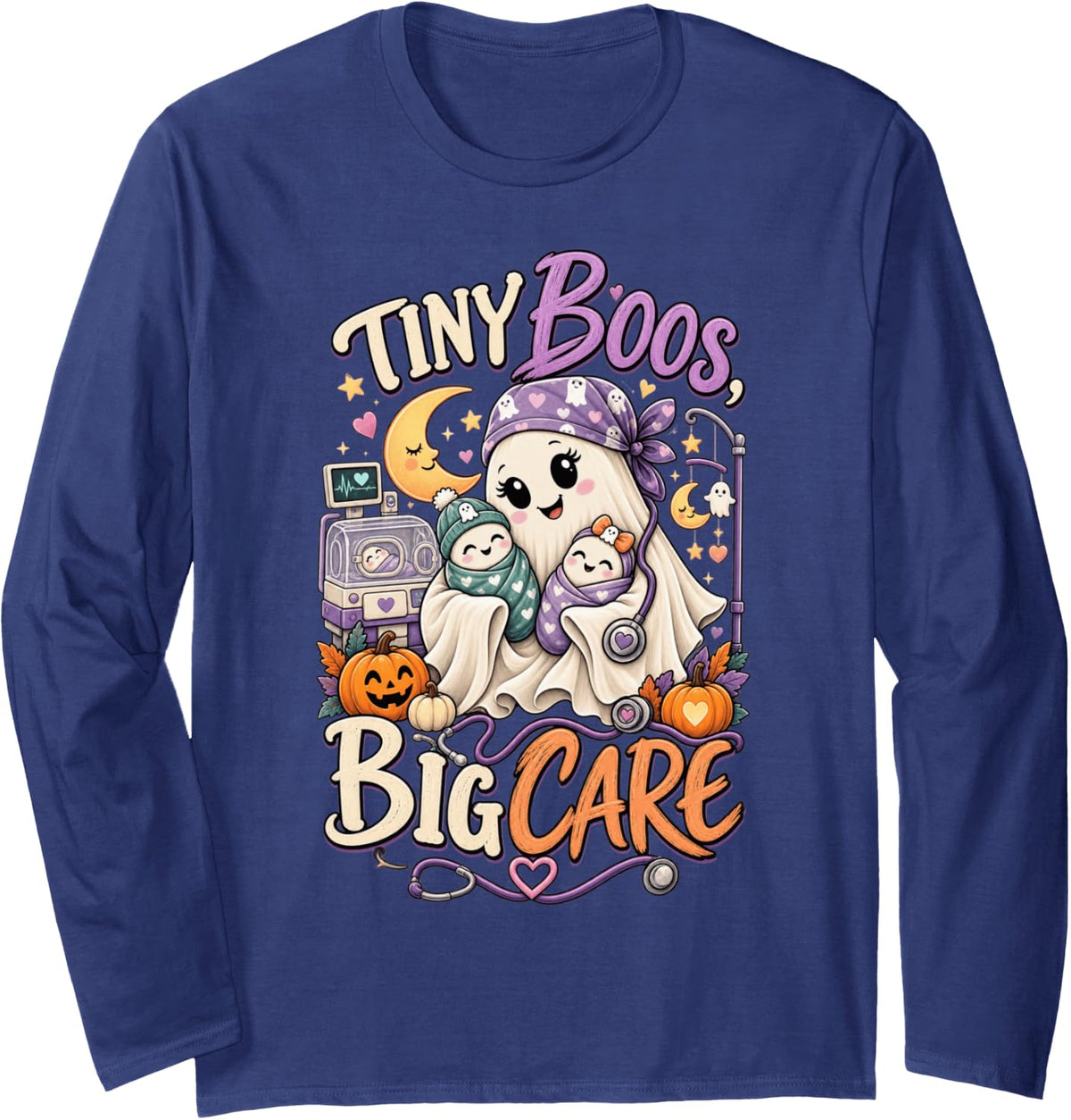Funny NICU Nurse Halloween Ghost Design Tiny Boos Big Care Long Sleeve T-Shirt - Adult Unisex Navy Blue