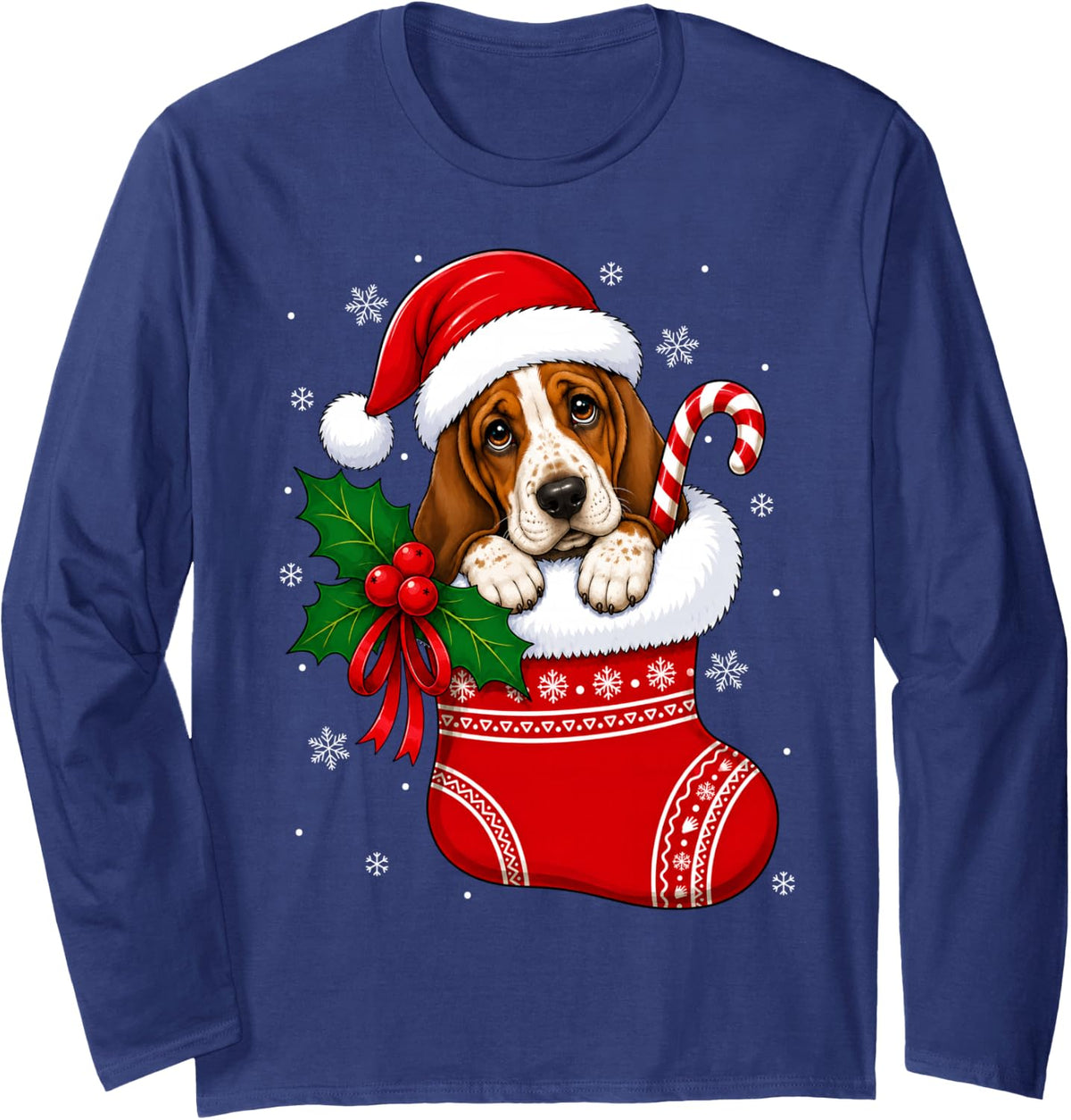 Basset Hound Dog Christmas Stocking Cute Festive Xmas Long Sleeve T-Shirt - Adult Unisex Navy Blue