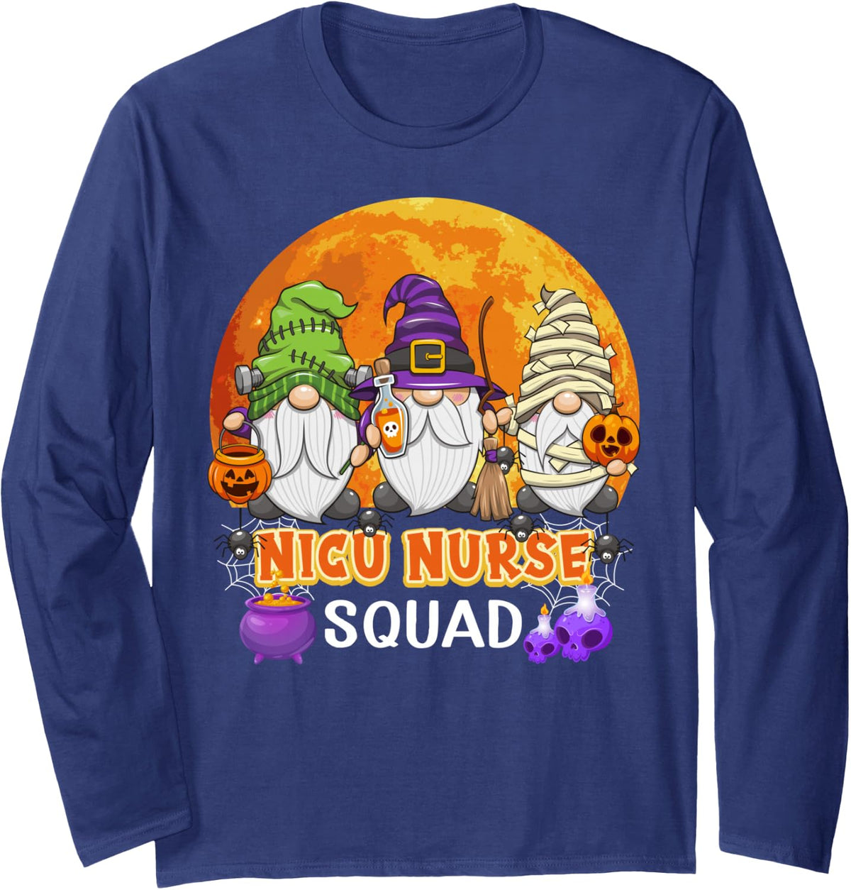 NICU Nurse Squad Halloween Neonatal ICU Gnome Matching Long Sleeve T-Shirt - Adult Unisex Navy Blue
