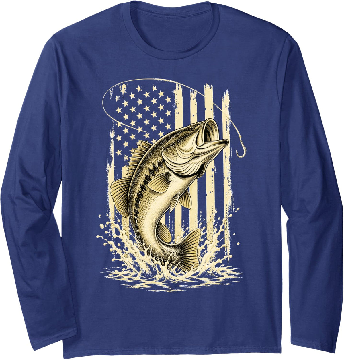 Bass Fishing American Flag Bass Angler Long Sleeve T-Shirt - Adult Unisex Navy Blue