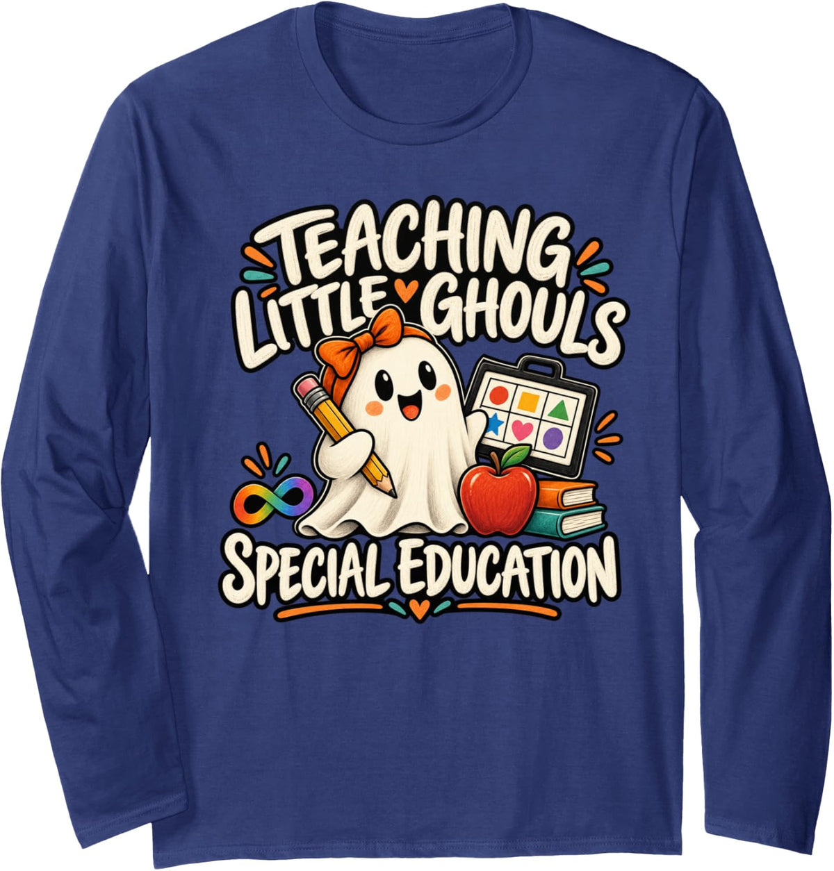 Special Education Teacher Halloween Ghost Long Sleeve T-Shirt - Adult Unisex Navy Blue