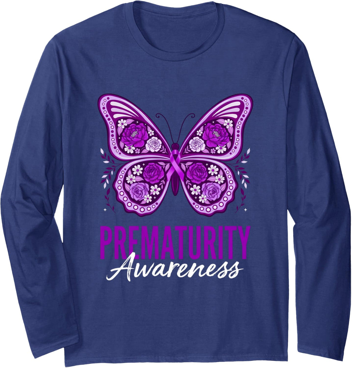Prematurity Awareness Nicu Mom Preemie Strong Violet Ribbon Long Sleeve T-Shirt - Adult Unisex Navy Blue