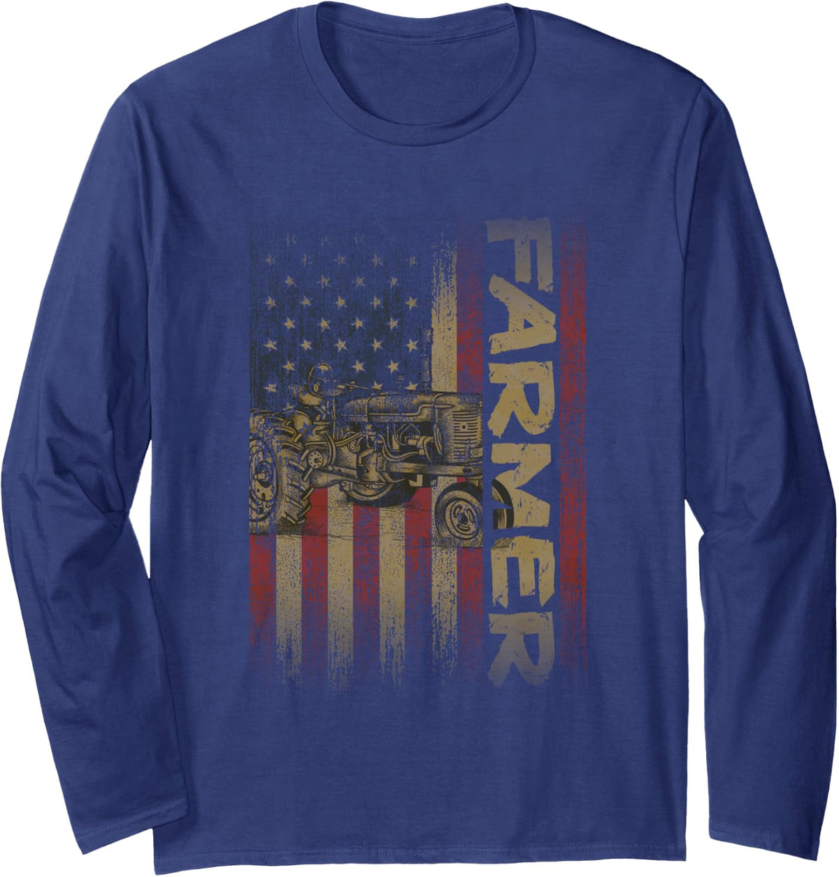 Vintage American Flag Farmer - Farming Gift Patriotic Farmer Long Sleeve T-Shirt - Adult Unisex Navy Blue