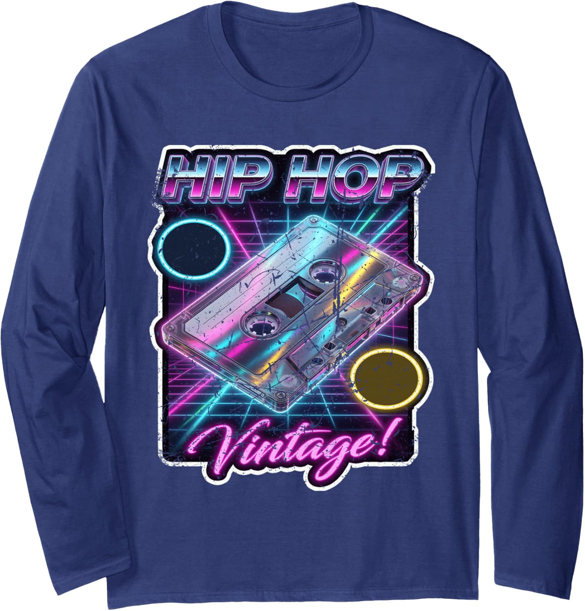 Vintage Cassette Tape 80s 90s for Men Women Kids Hip Hop Long Sleeve T-Shirt - Adult Unisex Navy Blue