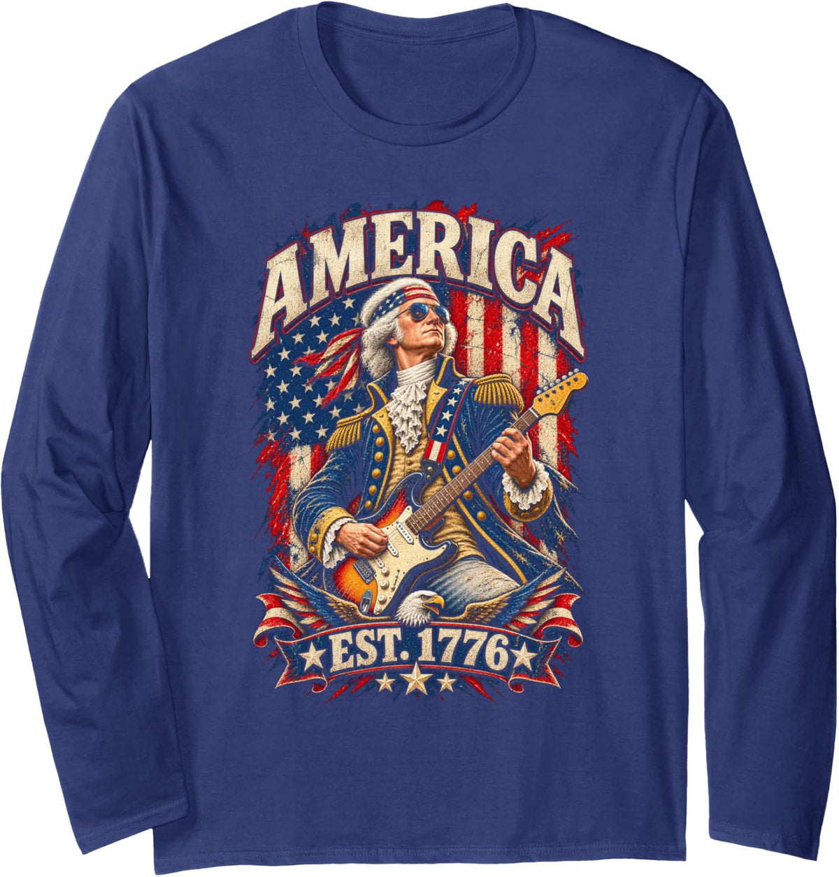 George Washington Playing Guitar Funny 4th of July President Long Sleeve T-Shirt - Adult Unisex Navy Blue