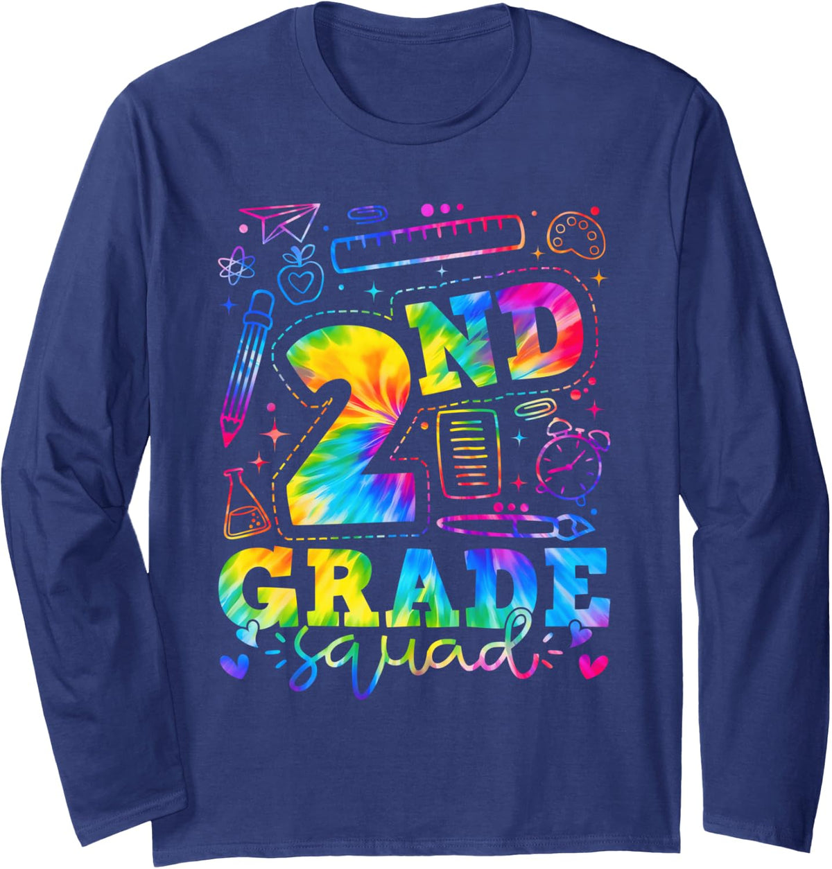 Back to School 2nd Second Grade Squad Tie Dye Teacher Kid Long Sleeve T-Shirt - Adult Unisex Navy Blue