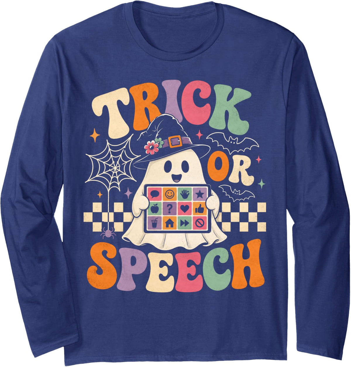 Retro SLP Halloween Trick or Speech Language Pathologist Long Sleeve T-Shirt - Adult Unisex Navy Blue