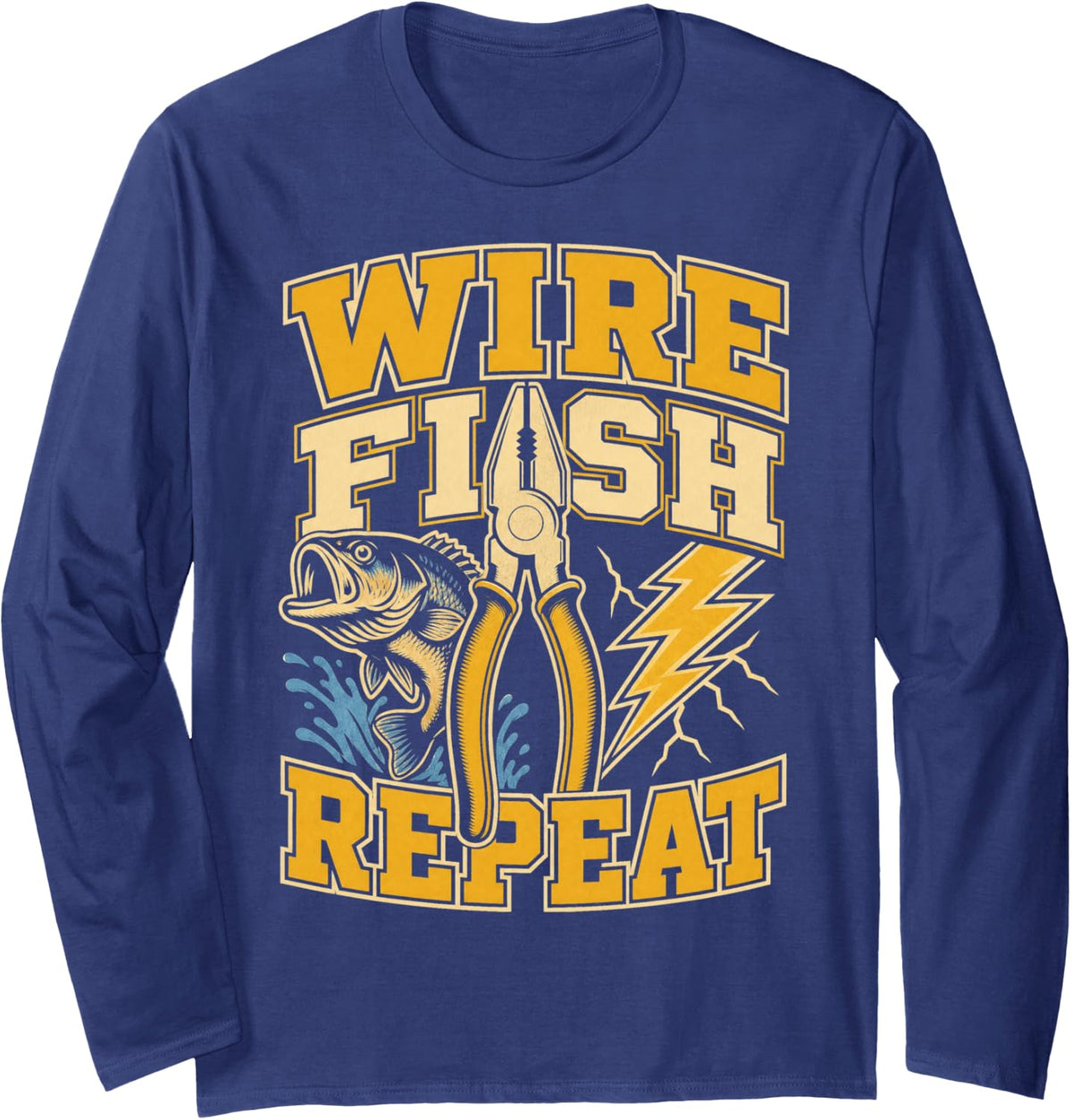 Wire Fish Repeat Bass Fishing Angler Long Sleeve T-Shirt - Adult Unisex Navy Blue