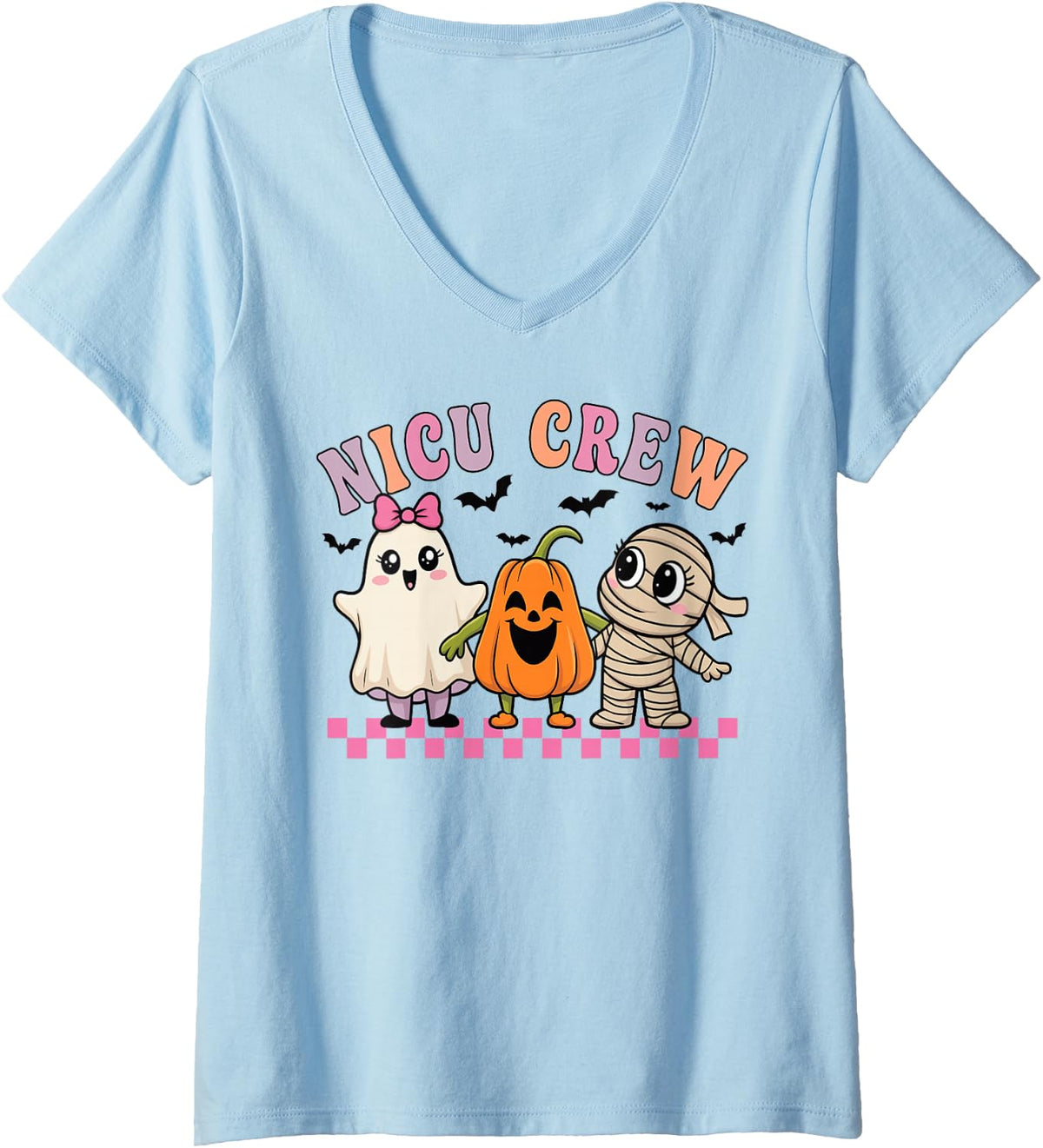 Women's NICU Crew Ghost Pumpkin Mummy Nurse Halloween V-Neck T-Shirt - Baby Blue