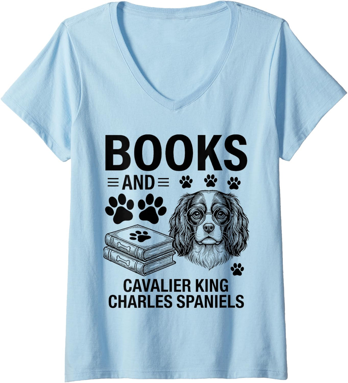 Women's Books and Cavalier King Charles Spaniel V-Neck T-Shirt - Baby Blue
