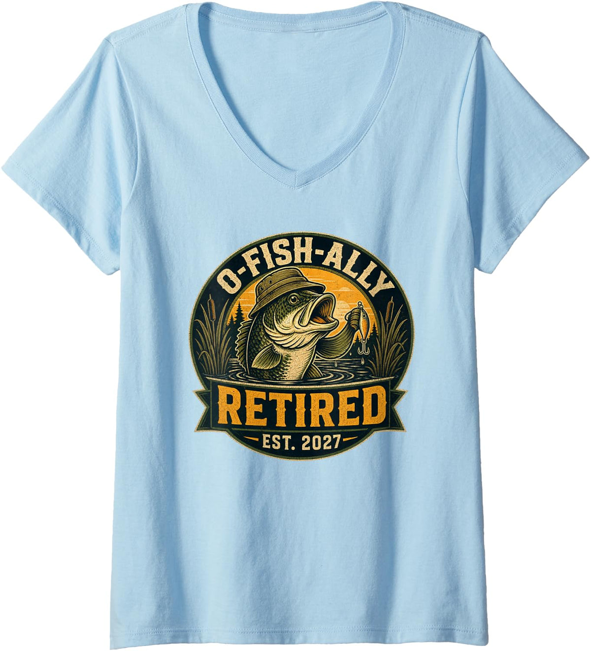 Women's Fishing Retirement 2027 Largemouth Bass V-Neck T-Shirt - Baby Blue