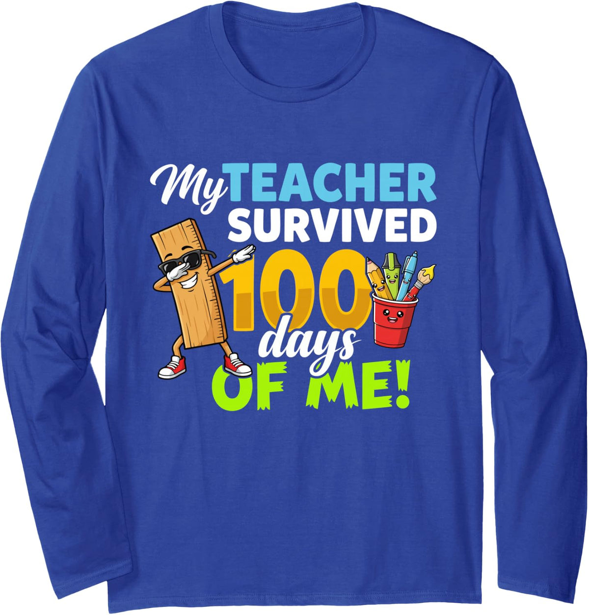 100 Days for Students Kids Boys Girls 100 Days of School Dab Long Sleeve T-Shirt - Adult Unisex Royal Blue