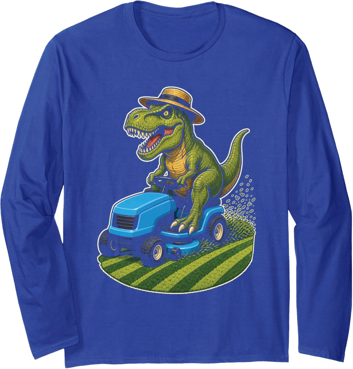 Lawn Mower Dinosaur Dad T Rex Mowing Graphic Art Long Sleeve T-Shirt - Adult Unisex Royal Blue