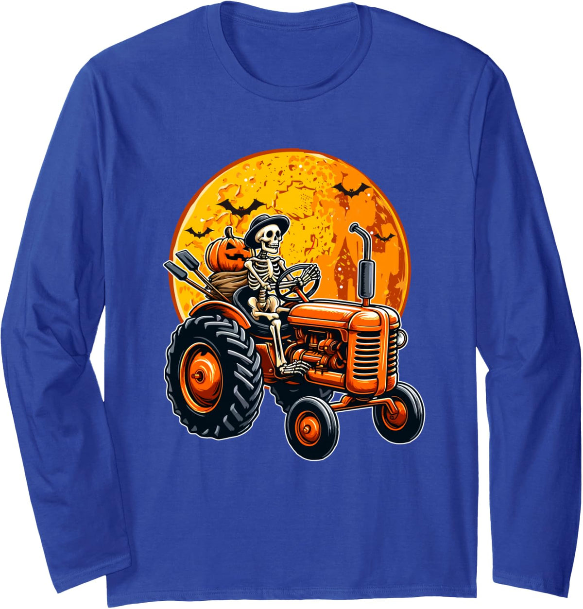 Skeleton Driving Tractor Halloween Horror Costume Driver Long Sleeve T-Shirt - Adult Unisex Royal Blue