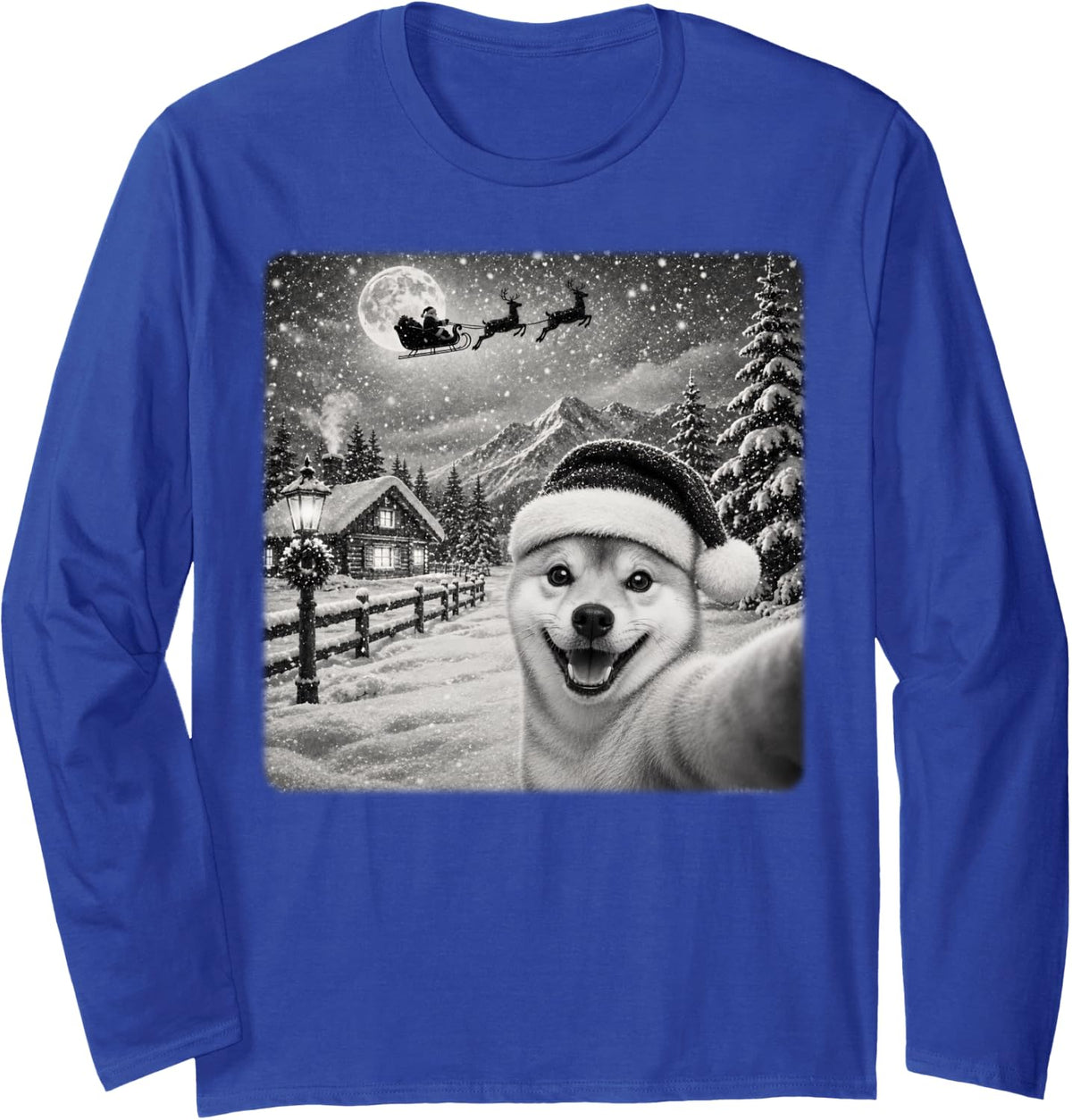 Xmas Moon Night Starry Santa Sleigh Shiba Inu Dog Christmas Long Sleeve T-Shirt - Adult Unisex Royal Blue