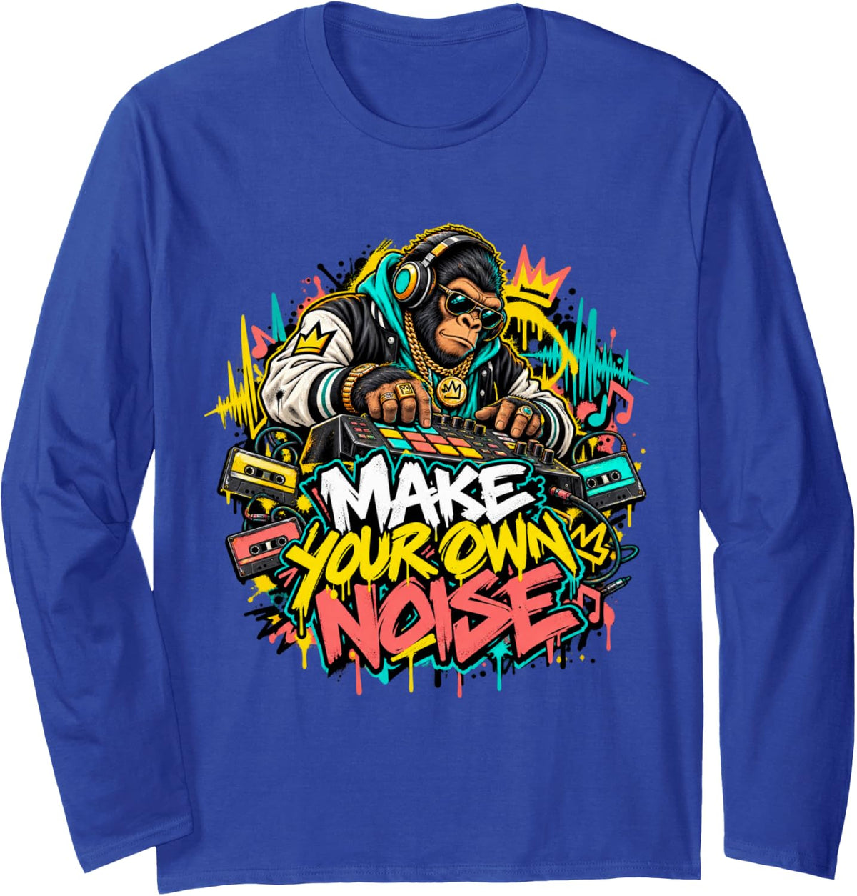 Urban Hip Hop Gorilla DJ Make Your Own Noise Street Music Long Sleeve T-Shirt - Adult Unisex Royal Blue
