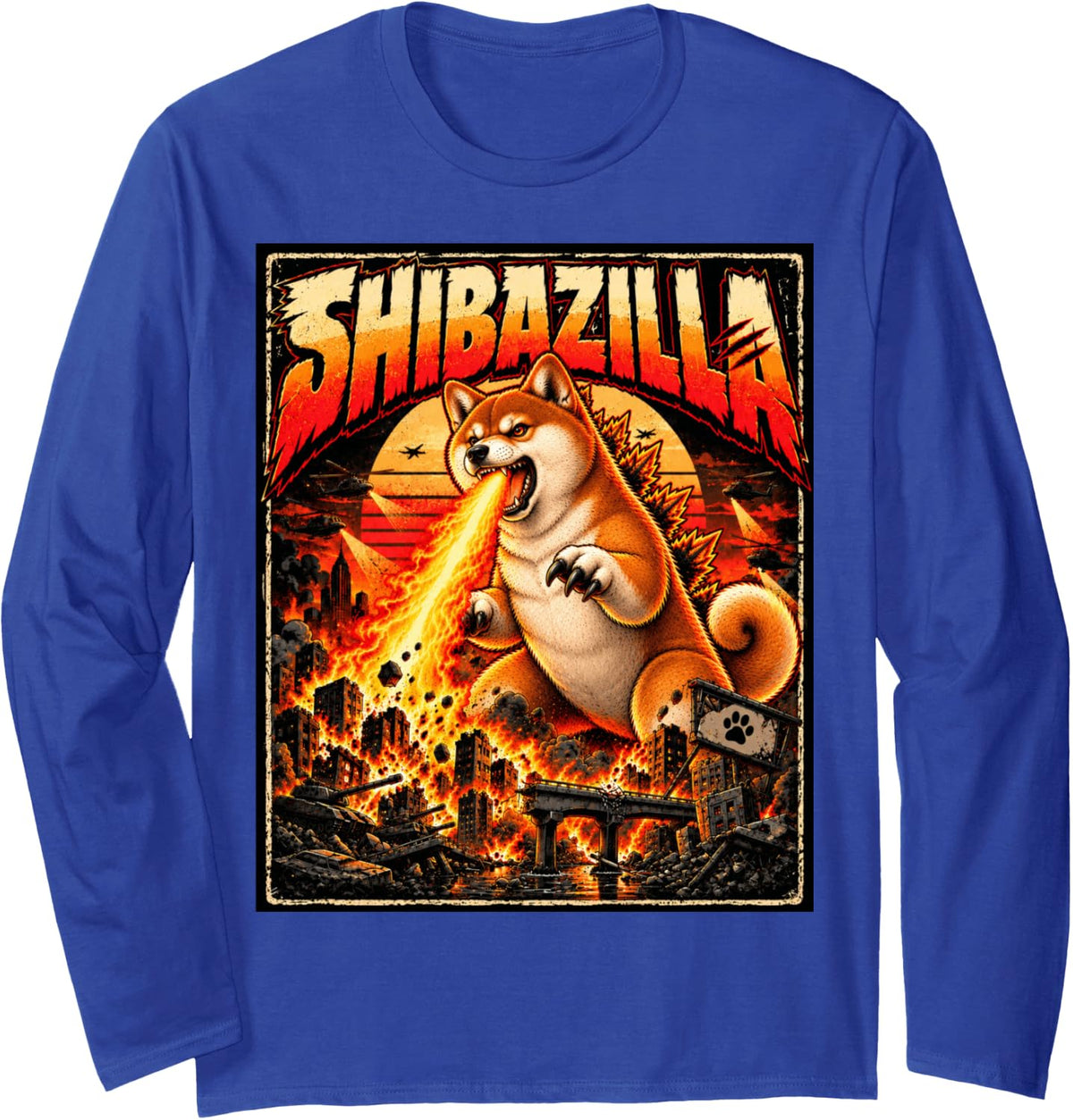 Shibazilla Giant Shiba Inu Dog Monster Funny Retro Parody Long Sleeve T-Shirt - Adult Unisex Royal Blue