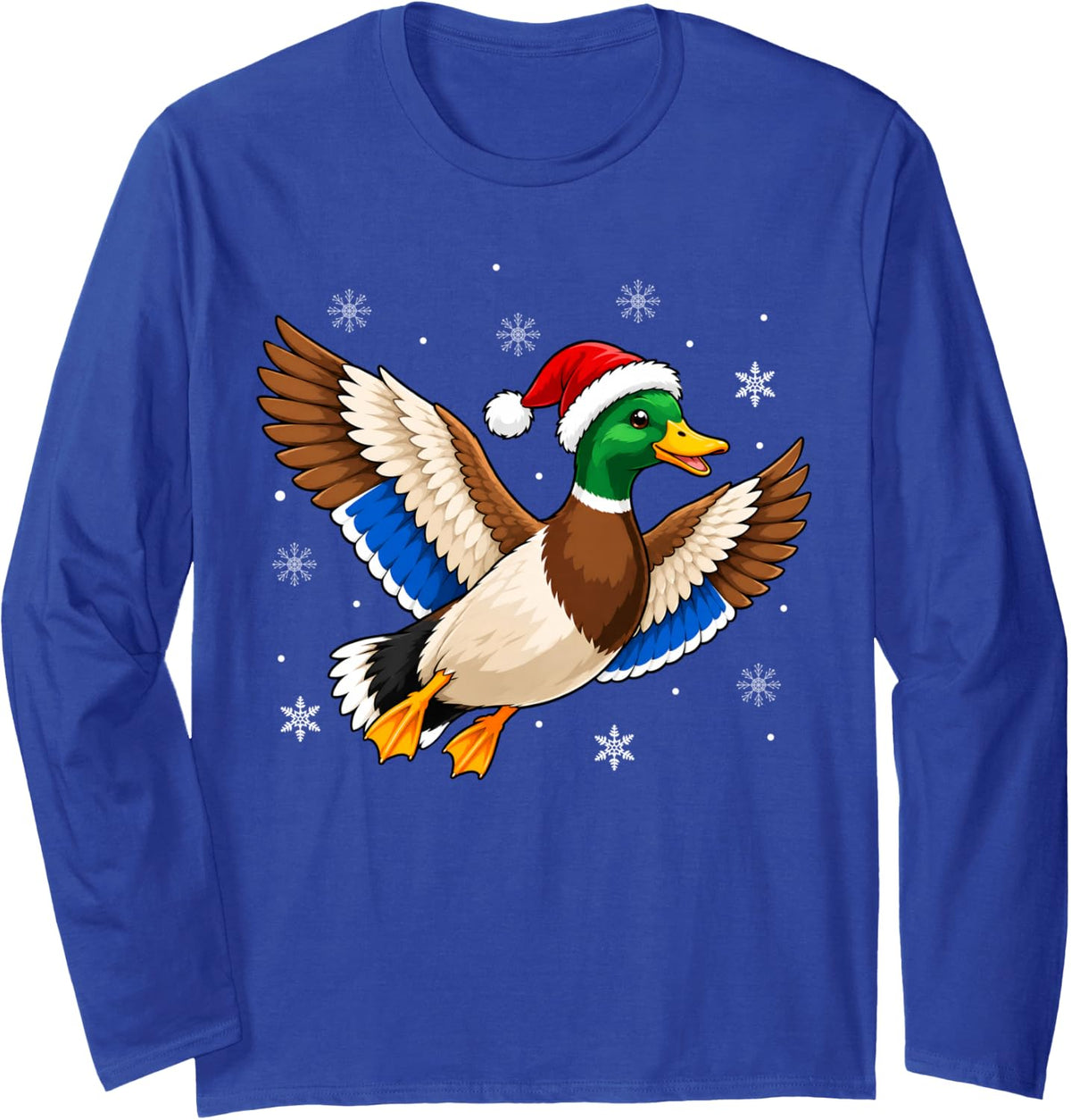 Festive Santa Hat Mallard Duck Christmas Long Sleeve T-Shirt - Adult Unisex Royal Blue