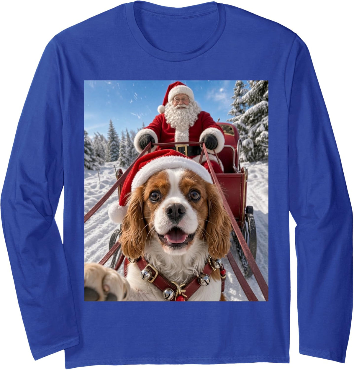 Cavalier King Pulling Santa Sleigh Funny Ugly Christmas Long Sleeve T-Shirt - Adult Unisex Royal Blue
