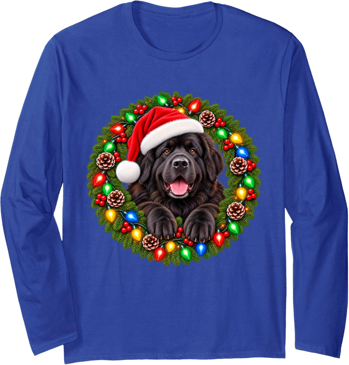 Newfoundland Christmas Wreath with Santa Hat Portrait Long Sleeve T-Shirt - Adult Unisex Royal Blue