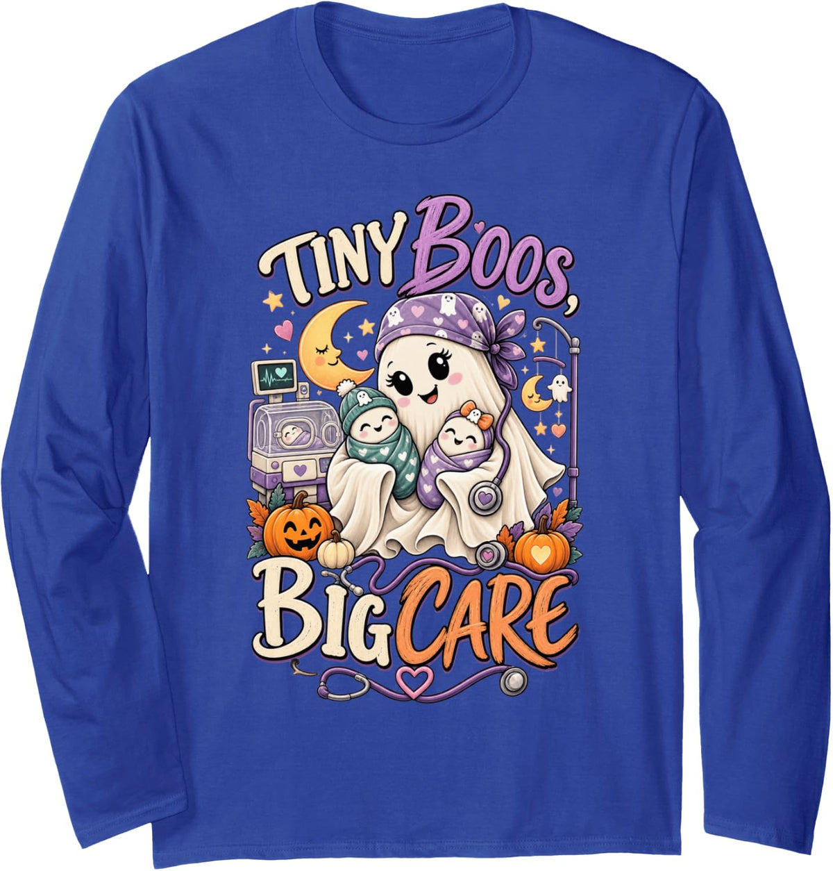 Funny NICU Nurse Halloween Ghost Design Tiny Boos Big Care Long Sleeve T-Shirt - Adult Unisex Royal Blue
