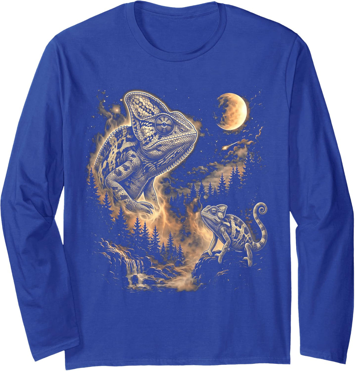 Cute Chameleon Howling to The Moon Vintage 90s Retro Lizard Long Sleeve T-Shirt - Adult Unisex Royal Blue