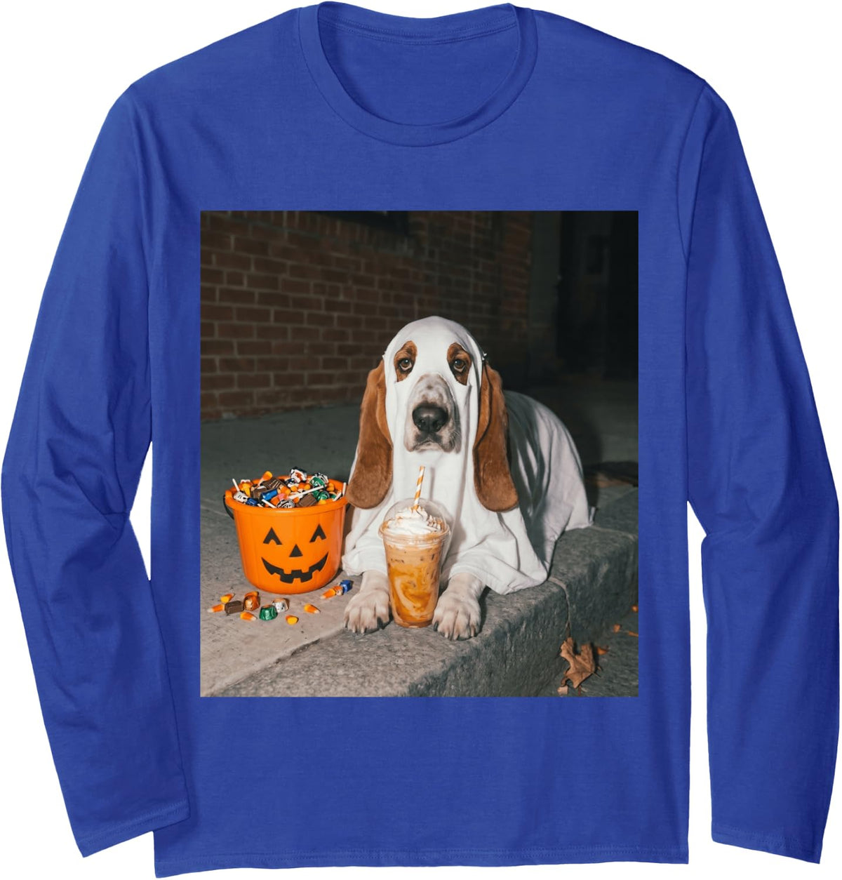 Basset Hound Ghost Dog Meme Pumpkin Iced Coffee Halloween Long Sleeve T-Shirt - Adult Unisex Royal Blue