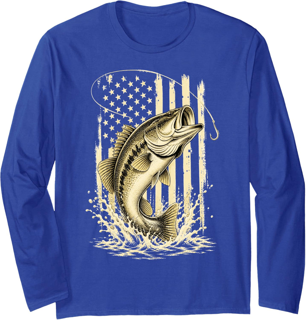 Bass Fishing American Flag Bass Angler Long Sleeve T-Shirt - Adult Unisex Royal Blue