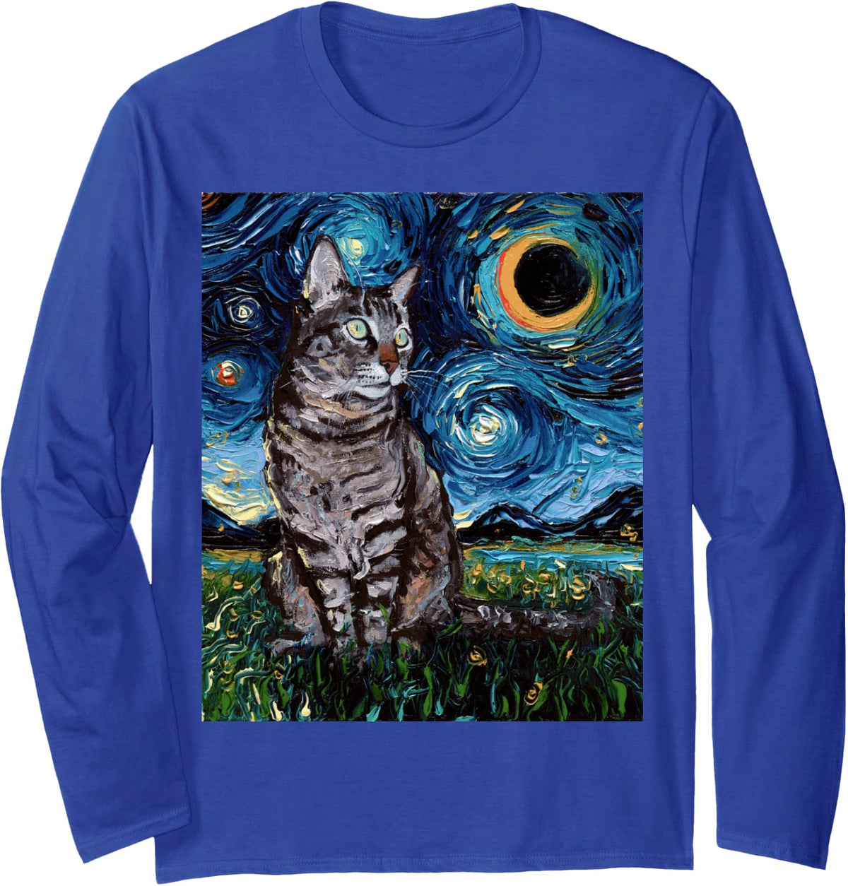 Gray Tabby Tiger Cat Starry Night Moon and Stars Artwork Long Sleeve T-Shirt - Adult Unisex Royal Blue