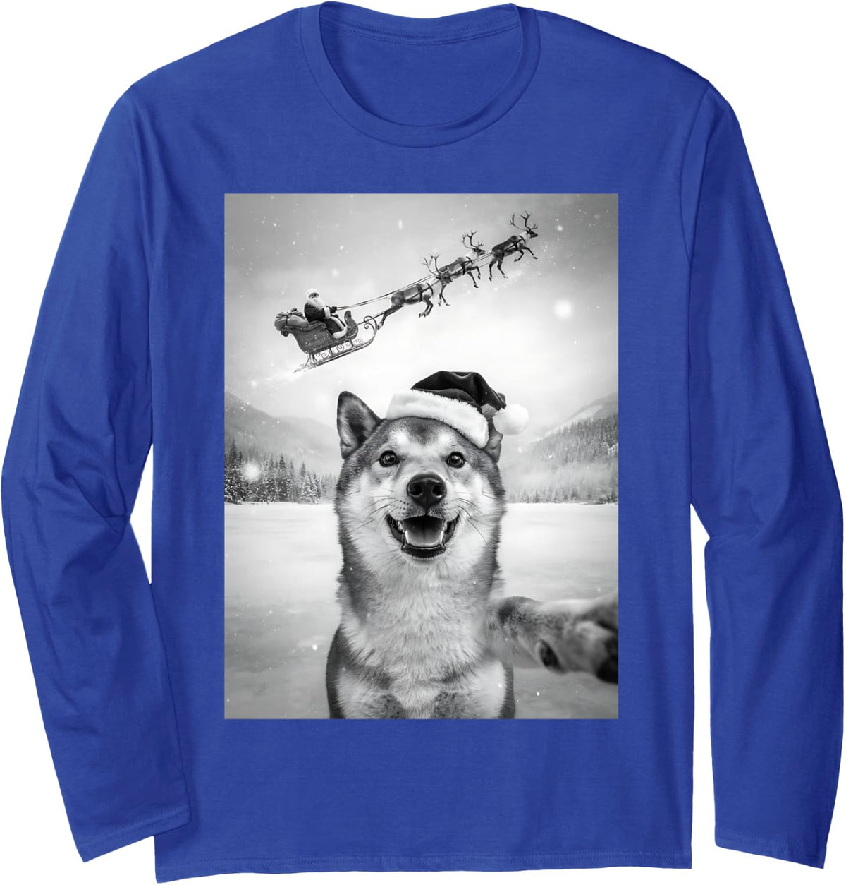 Funny Shiba Inu Christmas Selfie Santa Sleigh Dog Lover Long Sleeve T-Shirt - Adult Unisex Royal Blue