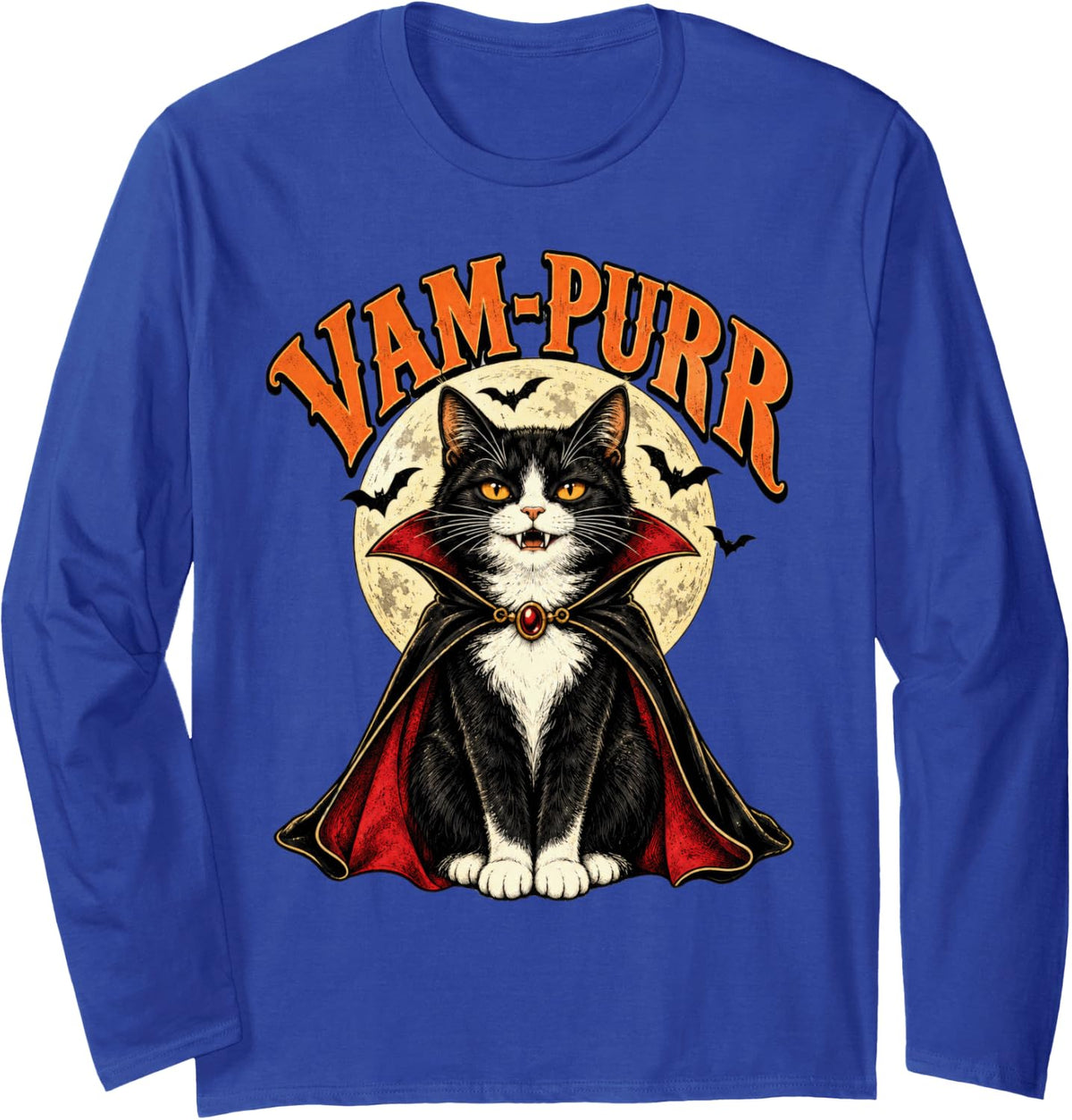 Tuxedo Cat Halloween Vampire Cape Moon Bats Long Sleeve T-Shirt - Adult Unisex Royal Blue