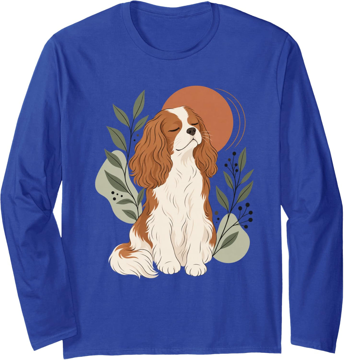 Cavalier King Charles Spaniel Boho Botanical Dog Portrait Long Sleeve T-Shirt - Adult Unisex Royal Blue