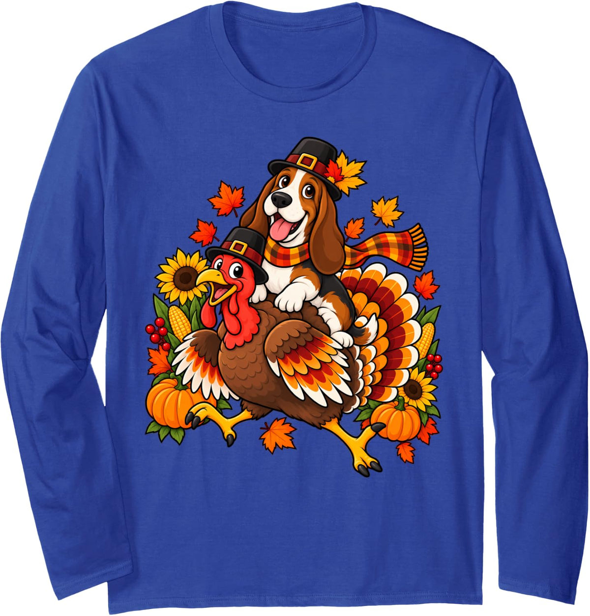 Cute Pilgrim Basset Hound Dog Riding Turkey Thanksgiving Long Sleeve T-Shirt - Adult Unisex Royal Blue