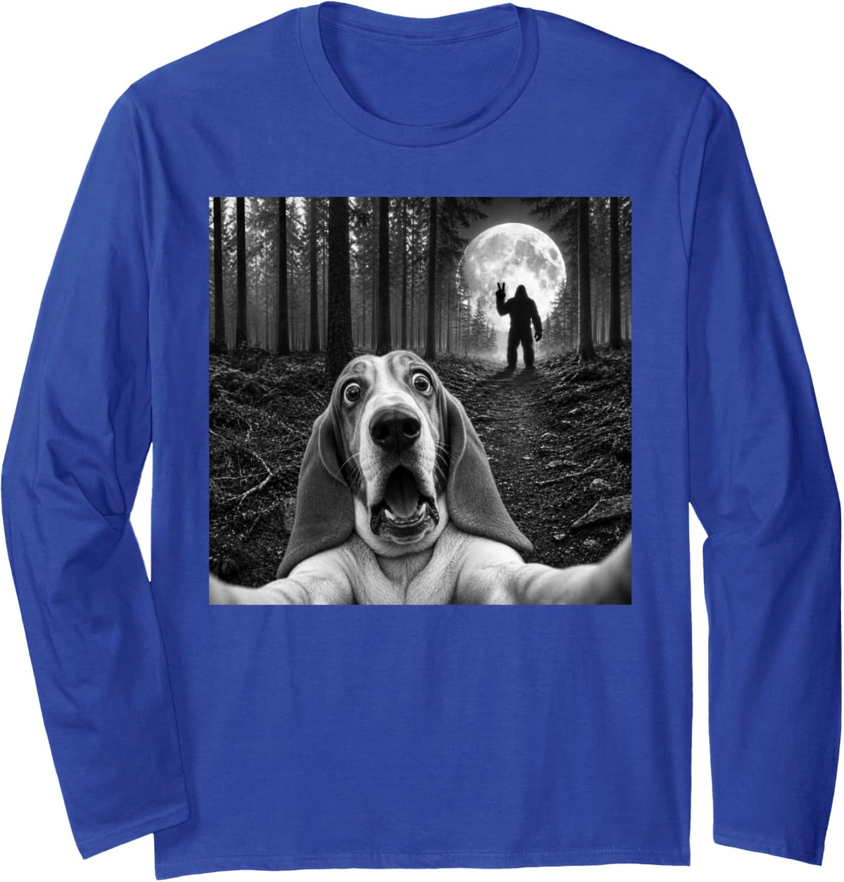Basset Hound Selfie with Bigfoot Peace Sign Dog Sasquatch Long Sleeve T-Shirt - Adult Unisex Royal Blue