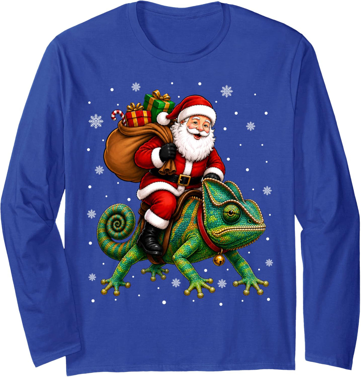 Festive Holiday Funny Santa Riding Chameleon Christmas Long Sleeve T-Shirt - Adult Unisex Royal Blue