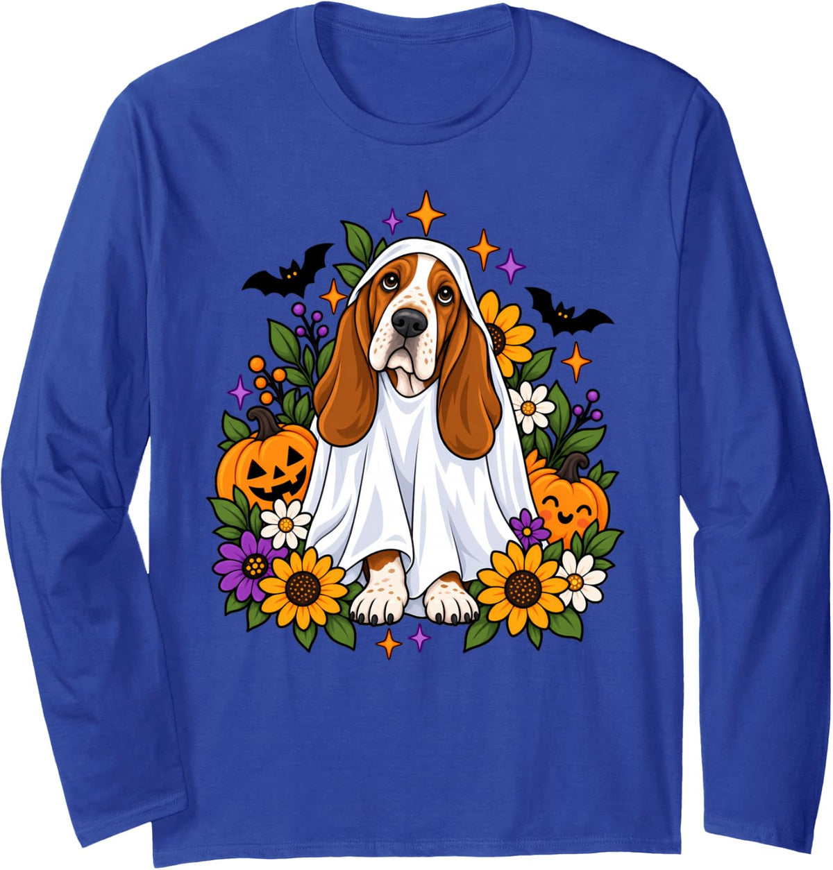 Floral Basset Hound Ghost Halloween Costume for Dog Lovers Long Sleeve T-Shirt - Adult Unisex Royal Blue