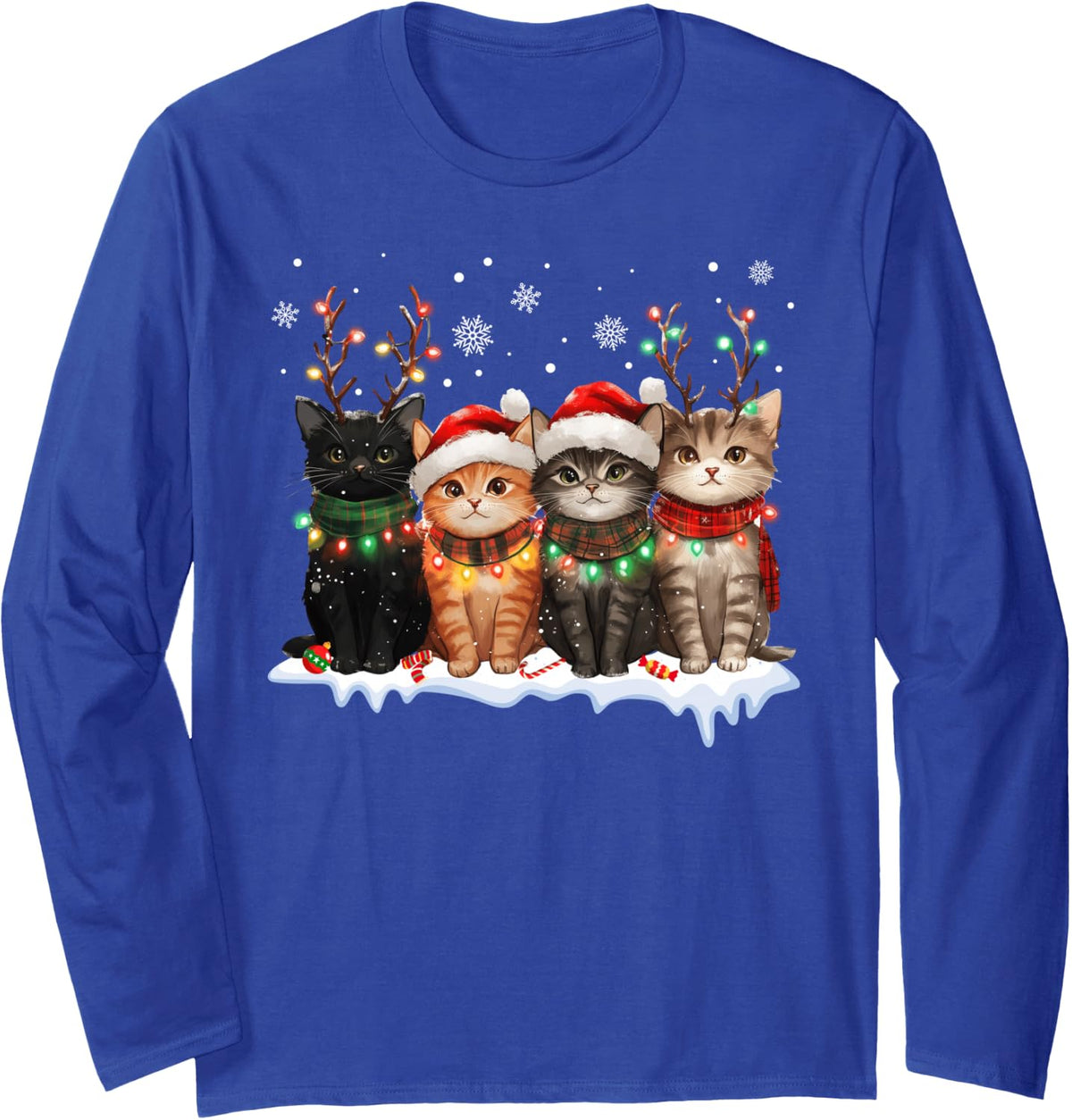 Cat Christmas Light Reindeer Santa Christmas Cat Lover Long Sleeve T-Shirt - Adult Unisex Royal Blue