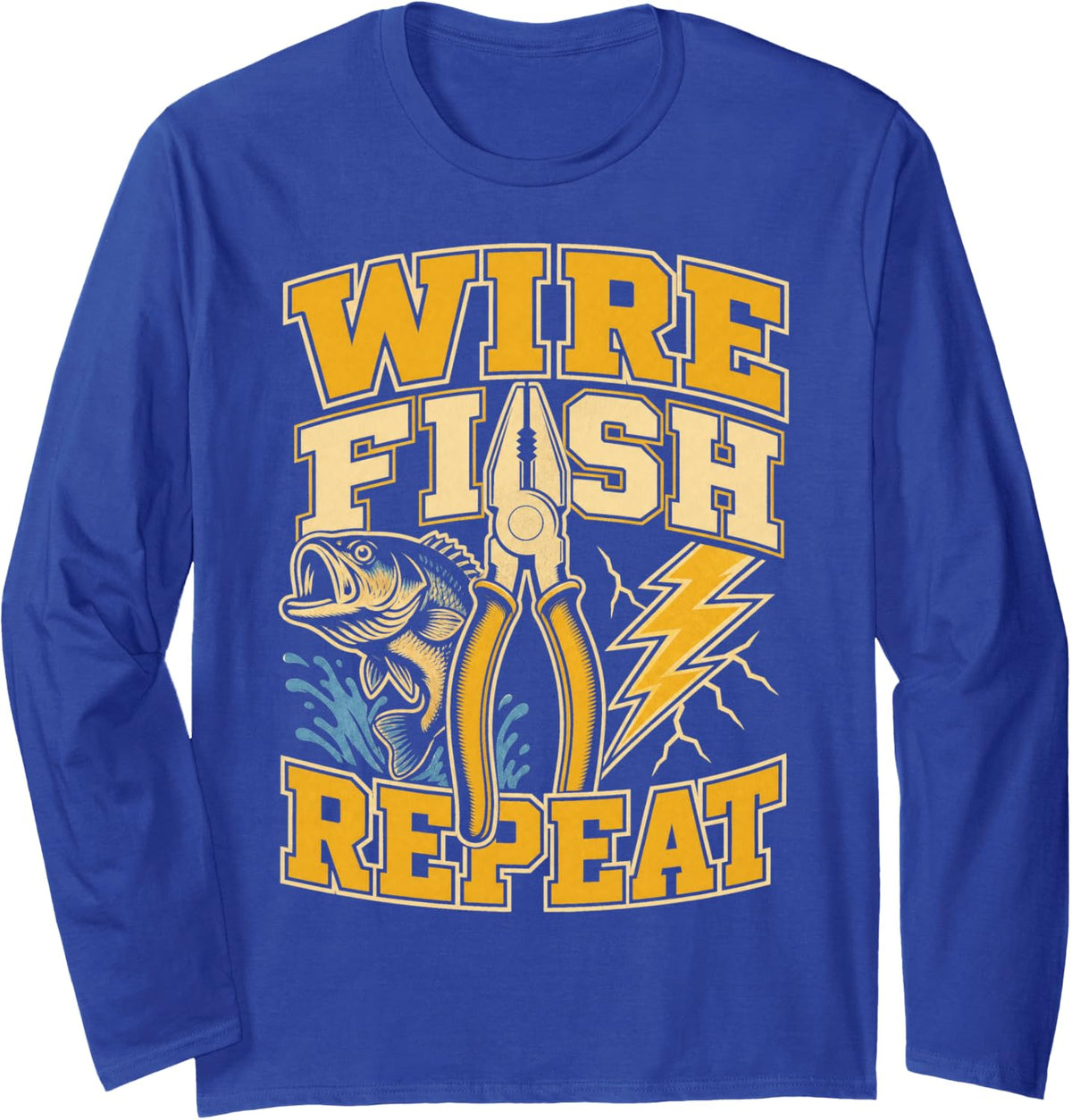 Wire Fish Repeat Bass Fishing Angler Long Sleeve T-Shirt - Adult Unisex Royal Blue