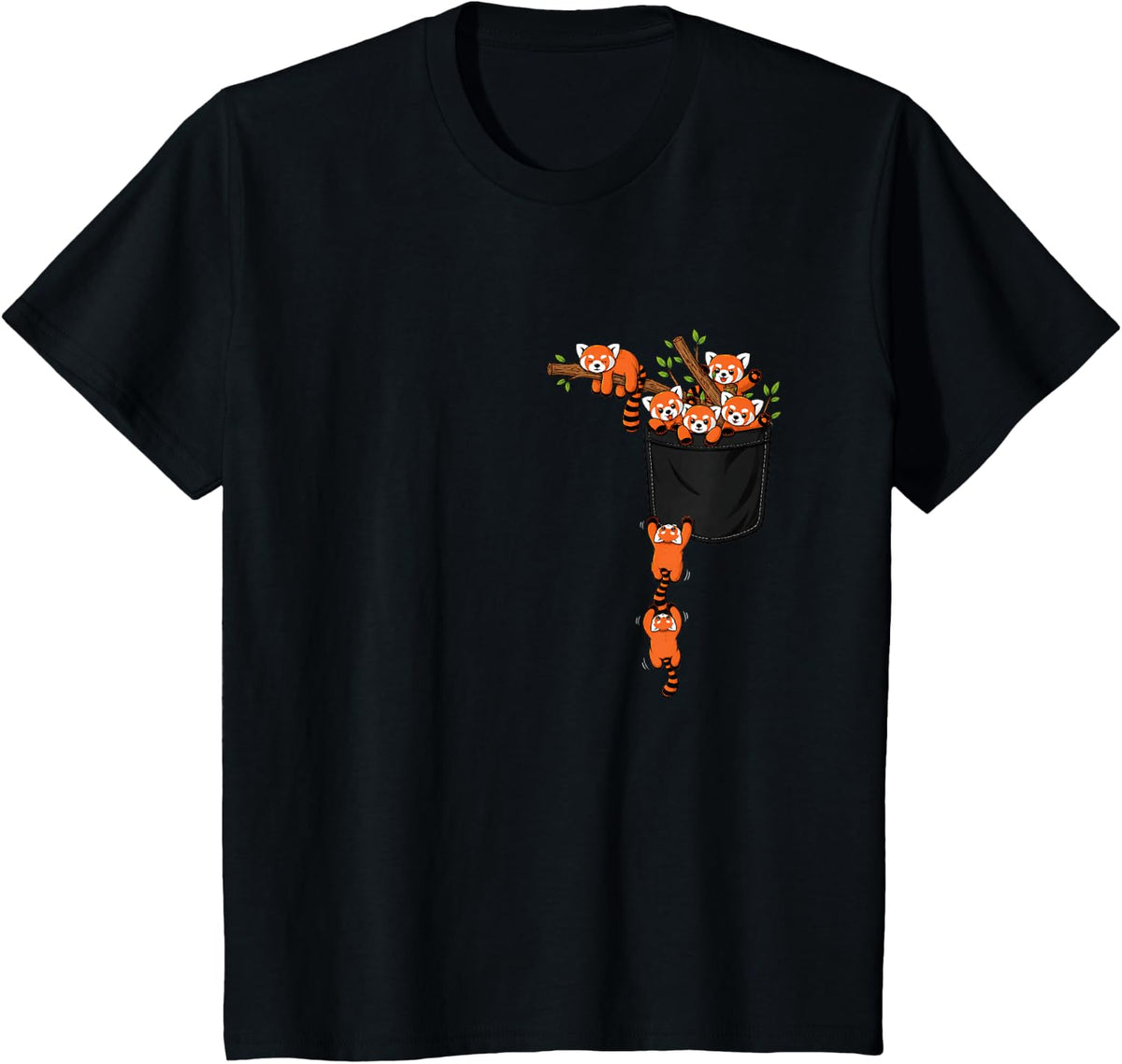 Playful Red Pandas Climbing Pocket Animal Illustration T-Shirt - Black