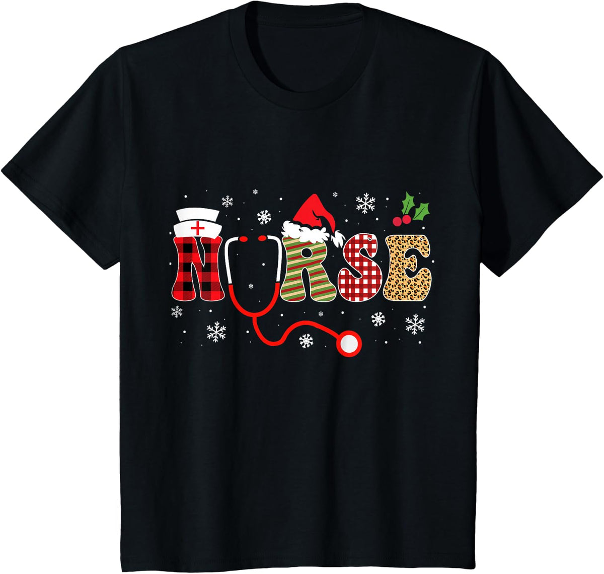Funny Nurse Christmas Stethoscope Nurses Xmas Scrub Top T-Shirt - Black