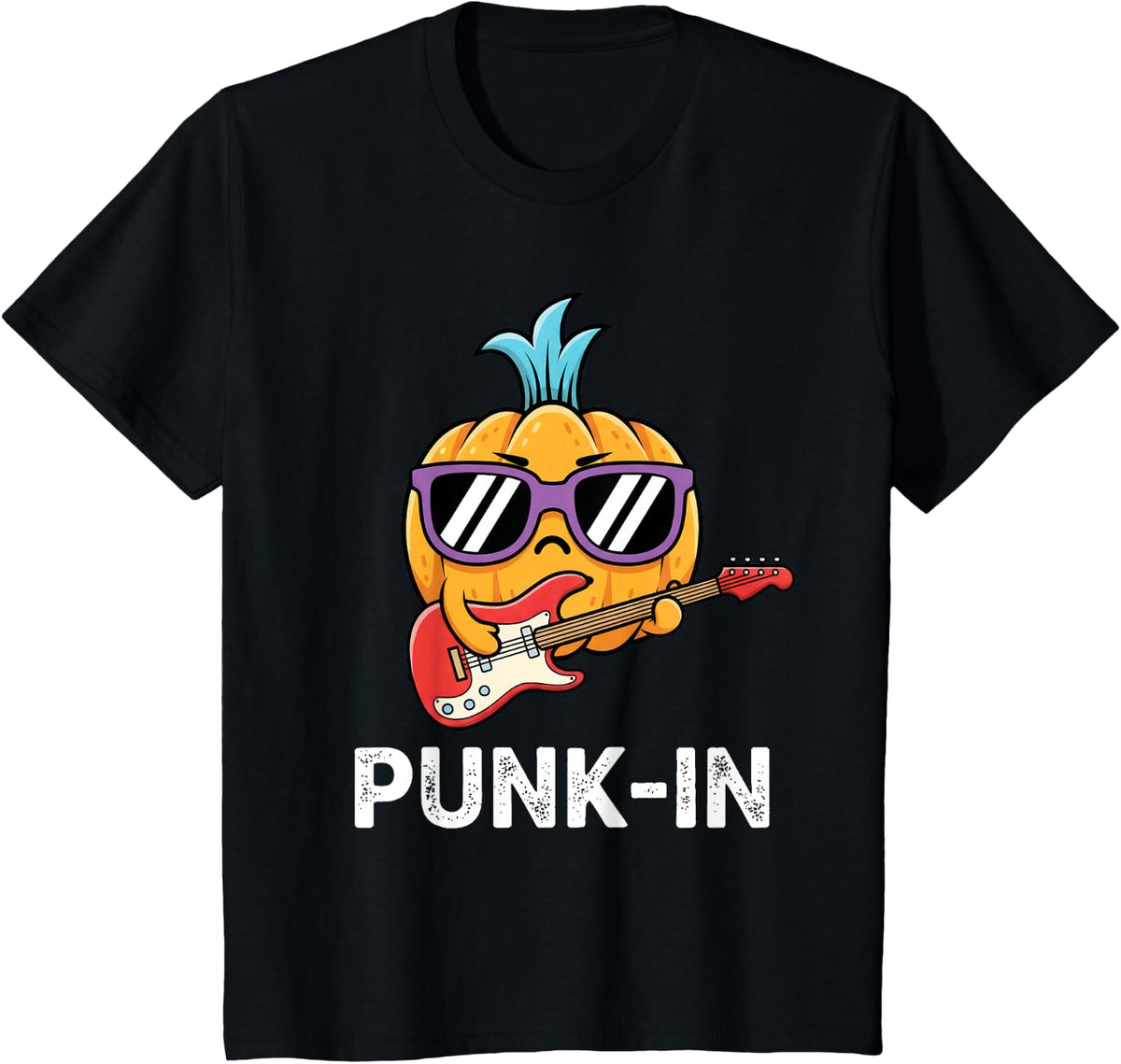 Punk-in Rocker Pumpkin Funny Music Pun Halloween Art T-Shirt - Black
